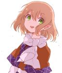 1girl blonde_hair brown_jacket eyebrows_visible_through_hair false_smile green_eyes hair_between_eyes jacket long_neck mizuhashi_parsee multicolored_clothes multicolored_jacket open_mouth pointy_ears sasaki_sakiko short_hair simple_background solo teeth touhou upper_body upper_teeth white_background 