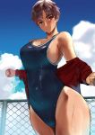  1girl bangs blue_sky breasts brown_eyes brown_hair clouds competition_swimsuit eyebrows_behind_hair eyebrows_visible_through_hair fence jacket jikihatiman large_breasts looking_at_viewer one-piece_swimsuit original short_hair sideboob sky smile solo swimsuit tomboy undressing wet wet_clothes 