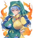  1girl :d apron arms_at_sides aura bangs blue_hair blush breasts closed_mouth commentary_request covered_nipples eyebrows_visible_through_hair eyelashes flower green_apron green_headwear haniyasushin_keiki head_scarf jewelry kurokan_(kokkyou_oudan) large_breasts long_hair looking_at_viewer magatama magatama_necklace necklace pocket puffy_short_sleeves puffy_sleeves red_eyes shiny shiny_hair shirt short_sleeves signature simple_background single_strap smile solo tools touhou upper_body white_background white_flower yellow_shirt yellow_sleeves 