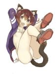  1girl animal_ear_fluff animal_ears arms_up bangs bikini bikini_under_clothes blue_jacket breasts brown_eyes brown_hair cat_ears cat_girl cat_tail character_request commentary_request fang front-tie_top full_body hair_between_eyes jacket kantai_collection legs_up looking_at_viewer open_clothes open_jacket open_mouth ryo_(tg290) short_hair side-tie_bikini simple_background skin_fang small_breasts solo swimsuit tail white_background white_bikini 