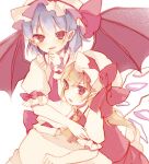  2girls ascot back_bow bangs bat_wings blonde_hair blue_hair blush bow crystal eyebrows_visible_through_hair flandre_scarlet frilled_shirt frilled_shirt_collar frilled_sleeves frills hair_between_eyes hand_to_own_mouth hat hat_ribbon mob_cap multiple_girls one_side_up puffy_short_sleeves puffy_sleeves purple_ascot red_bow red_eyes red_ribbon red_skirt red_vest remilia_scarlet ribbon ribbon_trim sash shirt short_hair short_sleeves siblings sisters skirt sorani_(kaeru0768) touhou vest white_background white_shirt wings wrist_cuffs yellow_ascot 