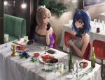  2girls absurdres black_gloves blue_hair bottle brown_hair candlestand chair chan1moon cup dinner drinking_glass food food_on_face fruit gloves grapes highres hololive hololive_english medium_hair multiple_girls nanashi_mumei ouro_kronii sitting smile table tablecloth utensil white_gloves wine_glass 
