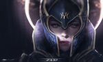  1girl artist_name close-up closed_mouth collar dota_(series) dota_2 full_moon helmet highres lips lipstick looking_at_viewer luna_(dota) makeup moon night night_sky sky solo violet_eyes zed_(trungbui42) 