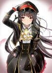  1girl arm_up belt black_gloves black_hair bow bowtie dress eyebrows_behind_hair eyebrows_visible_through_hair gloves hand_on_own_head hat jikihatiman long_hair looking_at_viewer military military_hat military_uniform rail_romanesque red_eyes smile solo uniform 