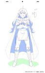 1girl absurdres ahoge angry boots clenched_teeth cloak copyright copyright_name crossed_arms eris_greyrat full_body highres jewelry kay_yu lineart long_hair looking_at_viewer mushoku_tensei official_art pants production_art ring simple_background sketch solo standing tabard teeth white_background 