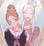  2girls ^_^ alternate_hairstyle blush brown_eyes brown_hair cat_hair_ornament closed_eyes closed_mouth commentary_request haiba_arisa haikyuu!! hair_bun hair_ornament hair_scrunchie hairclip hands_on_another&#039;s_shoulder indoors long_hair long_sleeves looking_at_mirror mirror multiple_girls open_mouth pink_nails pink_shirt pinkurohai sailor_collar school_uniform scrunchie shirt sidelocks smile twitter_username upper_body vanity_table white_hair yamamoto_akane 