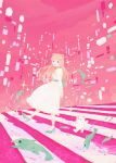  1girl arms_behind_back bangs blunt_bangs brown_hair copyright_request dress fish green_footwear high_heels highres long_hair long_sleeves open_mouth pink_theme smile solo splashing standing tabisumika virtual_youtuber white_dress wide_shot 