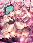  2girls :d animal_ears arm_up bangs bell black_bra black_hairband black_legwear black_panties blush bow bow_bra bow_panties bra brown_jacket brown_skirt capelet cat_ears cat_tail closed_mouth commentary_request eyebrows_visible_through_hair fake_animal_ears frilled_legwear fur-trimmed_capelet fur_trim garter_straps green_hair hair_between_eyes hair_bow hair_ornament hairband heart heart_hair_ornament highres jacket jingle_bell kneeling lilia_chocolanne long_hair long_sleeves multiple_girls navel off_shoulder open_clothes open_jacket original panties pink_capelet pink_hair pleated_skirt puffy_long_sleeves puffy_sleeves rabbit_ears rabbit_girl rabbit_tail red_bow red_eyes skirt sleeves_past_wrists smile star_(symbol) star_hair_ornament striped striped_legwear suzunone_rena tail thigh-highs twintails underwear very_long_hair violet_eyes x_hair_ornament 