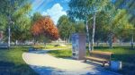  artist_name bench blue_sky bridge building clouds commentary_request dankalaning day english_text grass highres nature no_humans original park path plant scenery shade sky sunlight trash_can tree vending_machine 