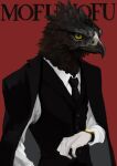  1boy absurdres beak bird_boy black_fur black_jacket black_necktie black_sclera black_vest body_fur buttons closed_mouth collared_shirt colored_sclera commentary feathers furry furry_male hand_up highres jacket jacket_on_shoulders long_sleeves male_focus mayumochini necktie open_clothes open_jacket original red_background romaji_text shirt simple_background solo standing two-tone_fur vest watch watch white_fur white_shirt yellow_eyes 