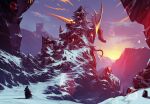  1other absurdres ambiguous_gender blurry blurry_background building dragon from_behind highres hood hood_up kalmahul mountain original robe scenery snow standing sunset wings 