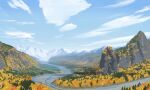  autumn blue_sky clouds commentary_request day forest highres landscape mountain nature no_humans original plant river scenery signature sky snow_mountain tateyuki tree 