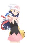  1girl bag baum beanie black_hair black_shirt closed_mouth commentary_request cowboy_shot duffel_bag eyelashes floating_scarf from_side grey_eyes hat highres hikari_(pokemon) long_hair looking_to_the_side outstretched_arm pink_skirt piplup pokemon pokemon_(creature) pokemon_(game) pokemon_dppt red_scarf scarf shirt simple_background skirt sleeveless sleeveless_shirt smile spread_fingers white_background white_headwear yellow_bag 