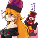  2girls bangs bare_shoulders black_shirt blush breasts closed_eyes closed_mouth cosplay eyebrows_visible_through_hair eyes_visible_through_hair hair_between_eyes hecatia_lapislazuli hecatia_lapislazuli_(cosplay) junko_(touhou) junko_(touhou)_(cosplay) long_hair long_sleeves looking_at_viewer medium_breasts medium_hair multiple_girls off_shoulder one-hour_drawing_challenge open_mouth orange_hair red_eyes redhead shirt short_sleeves simple_background smile su_gata t-shirt tabard touhou upper_body white_background wide_sleeves 