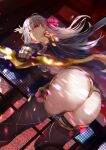  1girl ass bangs bow_(weapon) eyebrows_behind_hair eyebrows_visible_through_hair fate/grand_order fate_(series) hair_ribbon holding holding_bow_(weapon) holding_weapon incoming_attack jikihatiman kama_(fate) long_hair looking_at_viewer looking_back purple_legwear red_eyes ribbon silver_hair sleeveless smile solo thigh-highs weapon 
