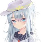  1girl absurdres bangs blue_eyes commentary_request eyebrows_visible_through_hair eyes_visible_through_hair flat_cap hair_between_eyes hammer_and_sickle_print hat hibiki_(kancolle) highres kantai_collection light_blue_hair long_hair looking_at_viewer lshiki messy_hair revision school_uniform serafuku simple_background solo upper_body verniy_(kancolle) white_background 