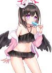  1girl bangs bikini black_bikini black_choker black_hair black_wings blue_archive choker collarbone eyebrows_visible_through_hair feathered_wings food groin hair_between_eyes hair_ribbon hairband halo hand_up highres holding holding_food ice_cream jacket long_sleeves mashiro_(blue_archive) navel off_shoulder open_clothes open_jacket pink_jacket puffy_long_sleeves puffy_sleeves ribbon shikito simple_background sleeves_past_wrists solo swimsuit violet_eyes white_background white_hairband white_ribbon wings 
