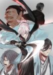  1girl 4boys back bangs black_hair cloak eyebrows_behind_hair eyebrows_visible_through_hair fate/grand_order fate_(series) hair_over_one_eye haori hijikata_toshizou_(fate) holding holding_sword holding_weapon japanese_clothes jikihatiman katana kimono long_hair looking_at_viewer multiple_boys okita_souji_(fate) okita_souji_(koha/ace) saitou_hajime_(fate) scarf short_hair sword weapon yamanami_keisuke_(fate) yellow_eyes 