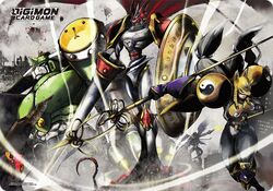  1boy 1girl armor beelzebumon breasts cape creature digimon digimon_tamers dukemon fog lance large_breasts long_hair no_humans official_art polearm saintgalgomon sakuyamon shield standing watanabe_kenji weapon 