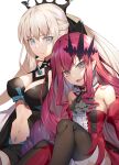  2girls bare_shoulders black_legwear braid breasts character_request constricted_pupils crown detached_collar detached_sleeves drill_hair expressionless fairy_knight_tristan_(fate) fate/grand_order fate_(series) french_braid large_breasts long_hair looking_at_viewer morgan_le_fay_(fate) multiple_girls navel platinum_blonde_hair pointy_ears redhead renka_(renkas) slit_pupils small_breasts smile thigh-highs twin_drills v-shaped_eyebrows white_background 