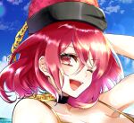  1girl ;d arm_up bangs bare_shoulders bikini black_choker blue_sky blush breasts chain choker collarbone commentary_request eyebrows_visible_through_hair eyelashes gold_chain hair_between_eyes hecatia_lapislazuli highres kurokan_(kokkyou_oudan) large_breasts looking_at_viewer medium_hair ocean one_eye_closed open_mouth outdoors polos_crown red_eyes redhead shiny shiny_hair sidelocks sky smile solo swimsuit teeth touhou upper_body upper_teeth water 