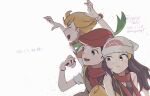  1girl 2boys :d absurdres barry_(pokemon) beanie black_hair blonde_hair blush bracelet closed_eyes closed_mouth commentary_request green_scarf hair_ornament hairclip hand_up hands_up hat hibariyama_(1788982) highres hikari_(pokemon) holding holding_poke_ball jacket jewelry long_hair lucas_(pokemon) multiple_boys open_mouth poke_ball poke_ball_(basic) pokemon pokemon_(game) pokemon_bdsp red_headwear red_scarf scarf shirt short_hair short_sleeves sidelocks sleeveless sleeveless_shirt smile strap striped striped_jacket tongue translation_request white_background 