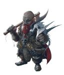  1boy absurdres armor axe bald beard belt black_footwear brown_gloves dwarf facial_hair full_body gloves highres holding holding_axe kalmahul male_focus mustache original over_shoulder shoes skull small_dragon solo standing tattoo weapon weapon_over_shoulder white_background 