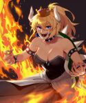 1girl armlet black_background black_dress blonde_hair blue_eyes bowsette bracelet collar dress earrings fire getgyu horns jewelry new_super_mario_bros._u_deluxe open_mouth ponytail sharp_teeth sidelocks solo spiked_armlet spiked_bracelet spiked_collar spiked_shell spikes standing strapless strapless_dress super_crown super_mario_bros. teeth 
