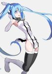  1girl bangs black_legwear blue_eyes blue_hair boots breasts chain collar eyebrows_behind_hair eyebrows_visible_through_hair from_side highres long_hair looking_at_viewer manno_(kanpi2100) nymph_(sora_no_otoshimono) open_mouth simple_background sleeveless smile solo sora_no_otoshimono thigh-highs twintails white_background 