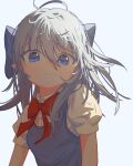  1girl ayaxno bangs blue_dress blue_eyes blue_hair blush bow bowtie cirno closed_mouth commentary_request dress eyebrows_behind_hair hair_between_eyes highres light_smile long_hair looking_at_viewer pointy_ears red_bow red_bowtie simple_background solo touhou white_background 