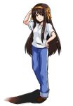  brown_hair cea_se hair_ribbon long_hair ribbon suzumiya_haruhi suzumiya_haruhi_(shoushitsu) suzumiya_haruhi_no_shoushitsu suzumiya_haruhi_no_yuuutsu sweatpants track_pants very_long_hair 