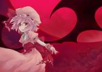  arm_garter brooch full_moon gloves hat jewelry lavender_eyes moon nanaran outstretched_arms pale_skin red_eyes red_moon red_sky remilia_scarlet scarlet_devil_mansion smile spread_arms touhou wings 