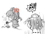  anger_vein camera chibi fire hat himekaidou_hatate monochrome multiple_girls okitakung pom_pom_(clothes) shameimaru_aya short_hair skull spot_color sweatdrop thai tokin_hat touhou translated twintails 