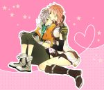  1boy 1girl closed_eyes couple elbow_gloves final_fantasy final_fantasy_xiii gloves highres hope_estheim hug kiss lightning_(ff13) lightning_farron mayanori_(oik) o_o_mym sitting 