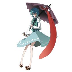  barefoot blue_hair dress heterochromia highres karakasa karakasa_obake legs long_sleeves mihaya_(a-ta-i) sandals short_hair skinny solo tatara_kogasa tongue touhou transparent_background umbrella 