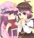  2girls animal_ears book earrings hands hat jewelry long_sleeves motsu_nikomi mystia_lorelei patchouli_knowledge smile touhou 