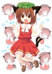  animal_ears bad_id brown_eyes brown_hair cat cat_ears cat_tail chen chibi fang happy hat highres multiple_tails pila-pela tail touhou |_| 