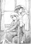  2girls :o blouse chair crossed_legs curtains dress greyscale hand_on_hat hands_on_knee hands_together hat hat_ribbon interior juliet_sleeves long_sleeves looking_at_another looking_at_viewer maribel_hearn mob_cap monochrome multiple_girls pants puffy_sleeves ribbon sash short_hair sitting smile touhou traditional_media usami_renko vent_arbre window wink 