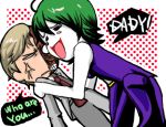   azmanga blonde_hair dc_comics duela_dent engrish closed_eyes father_and_daughter female formal green_hair lipstick male necktie open_mouth short_hair suit two-face white_skin  