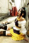  1girl black_hair cosplay final_fantasy_xiii gun lebreau nora solo team_nora 