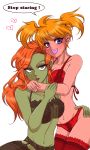  2girls bare_shoulders blonde_hair blue_eyes bra cleavage dc_comics female garter_belt green_eyes green_skin harley_quinn large_breasts lingerie lipstick long_hair midriff open_mouth orange_hair panties poison_ivy thigh-highs twintails yamaneko_tora yuri 