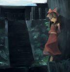  bow brown_eyes brown_hair detached_sleeves hair_bow hakurei_reimu highres isago_(al-ticourp) jpeg_artifacts midriff scenery shrine smile stairs standing_on_one_leg touhou 