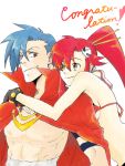  1girl bare_shoulders blue_hair breasts cape couple engrish gold_eyes hug hug_from_behind kamina manly muscle ponytail ranguage red_eyes red_hair redhead ru&amp;pauda_(artist) shirtless smile studded_bracelet tattoo tegaki tengen_toppa_gurren_lagann underboob yellow_eyes yoko_littner 