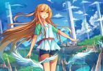  1girl absurdly_long_hair asuna_(sao) bird blue_shorts collarbone eyebrows_visible_through_hair floating_hair highres koxo-01 long_hair orange_eyes orange_hair outdoors short_sleeves shorts solo sword_art_online very_long_hair 