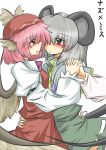  absurdres animal_ears arm_around_waist bad_id blush capelet gomasamune grey_hair hat highres holding_hands incipient_kiss interlocked_fingers jewelry mouse_ears mouse_tail multiple_girls mystia_lorelei nazrin pendant pink_hair red_eyes short_hair tail touhou wings yuri 