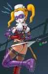  batman:_arkham_asylum belt blonde_hair blue_eyes blue_steel boots bracelet dc_comics female gloves harley_quinn hat long_hair looking_back mask miniskirt nurse_cap nurse_uniform pantyshot skirt solo spiked_bracelet thigh-highs twintails uniform 