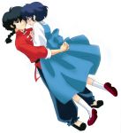  blue_dress blue_eyes blue_hair blush brown_eyes chinese_clothes couple dress dress_shirt dutch_angle holding hug long_sleeves morie pigtail ranma_1/2 saotome_ranma school_uniform shirt short_hair tendo_akane tendou_akane 