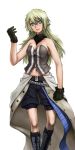  belt blonde_hair blue_eyes boots breasts cleavage female final_fantasy final_fantasy_xiii genderswap gloves highres irie long_hair navel shorts simple_background sleeveless smile snow_villiers solo strap zipper 