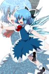  :d ahoge blue_eyes blue_hair bow cirno hair_bow marimo_danshaku mary_janes open_mouth pointing shoes short_hair smile solo touhou wings zoom_layer 
