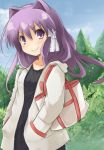  bad_id bag casual clannad fujibayashi_kyou hair_intakes hands_in_pockets nanatsu purple_eyes purple_hair purse smile solo 